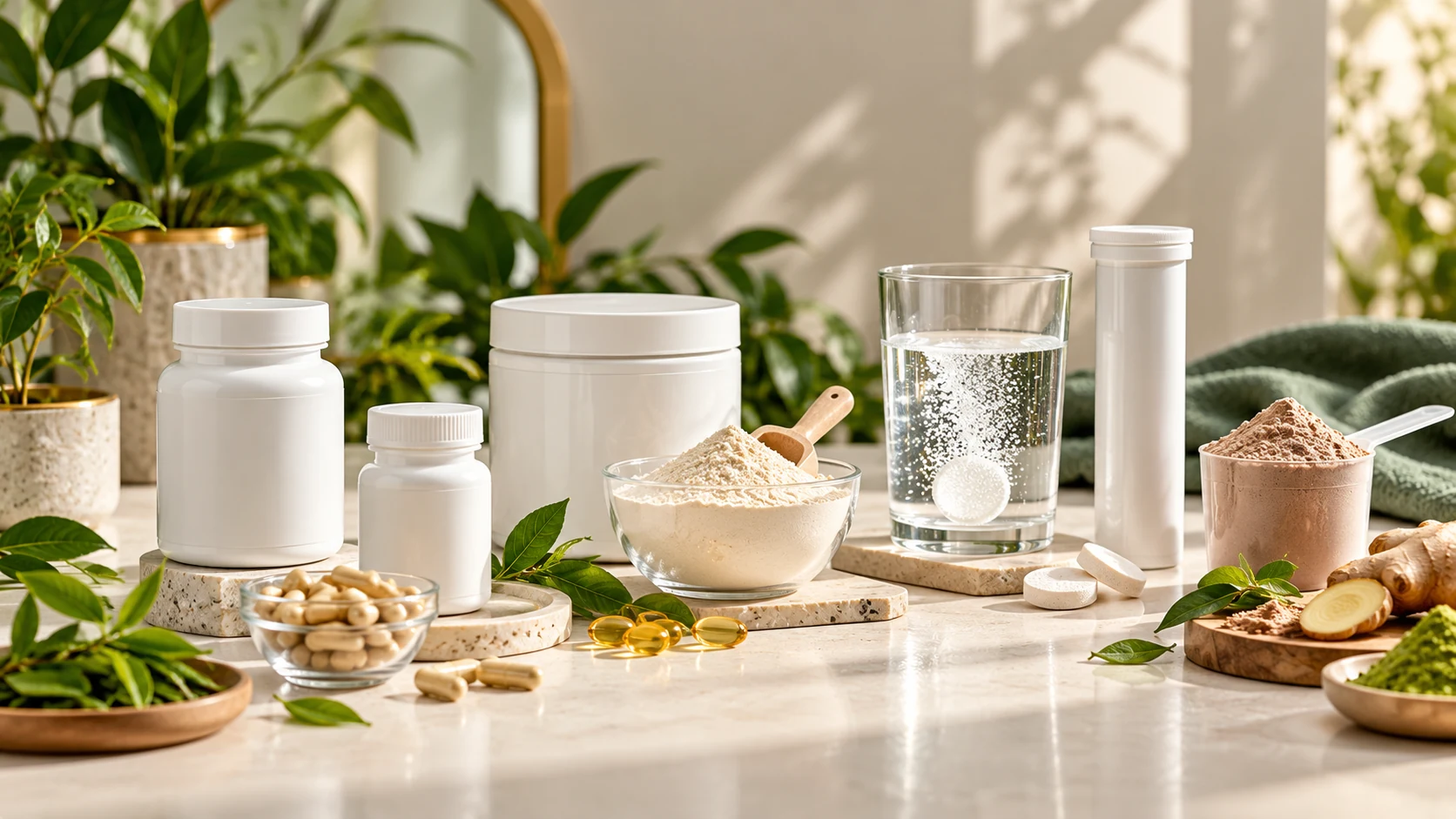 Premium wellness supplement formats arranged with natural ingredients, a glass of water and greenery